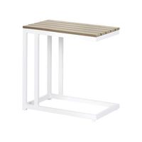 mesa auxiliar de jardin exterior madera plastica clara y base blanca messina