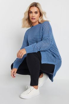 Yours Jersey Azul De Punto De Calados Con Aberturas Laterales, Mujer Curvy Y Tallas Grandes, Yours