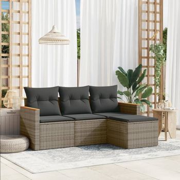 Conjunto De Sofás De Jardín 4 Uds | Mueble Jardin Mesa Y Sillas Y Cojines Ratán Sintético Gris Cfw695445