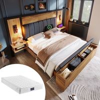 cama tapizada doble 160x200 cm roble con colchon lampara lectura usb mesita banco almacenamiento y somier de listones