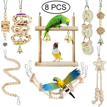 Juguetes Aleatorios para Pájaros, 8 Piezas, para Periquitos, Columpios para Loros, Juguetes de Madera para Masticar y Colgar, Accesorios para Jaulas de Pájaros