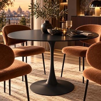 Mesa de comedor redonda para 4 a 5 personas, diámetro 100 cm, acabado lacado mate negro, base redonda de metal negro - TULIPS