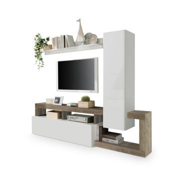 Conjunto De Muebles Para Sala Con Almacenamiento De 220 Cm, Colección Bura, Blanco Lacado/roble Claro