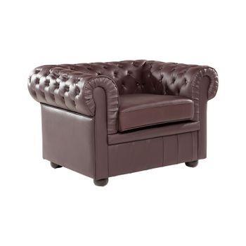 Sillón Chesterfield Tapizado En Piel Color Marrón Patas De Madera Oscura Contemporáneo Chesterfield