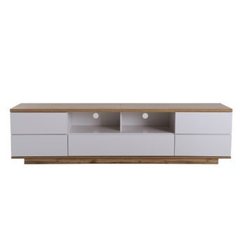 Mueble De Tv 180 Cm Moderno Con Puertas De Rejilla Y Tiradores Ocultos, Madera Mdf, Blanco Y Madera