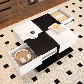 Mesa De Centro Moderna Para Salón, 70 X 70 X 35,5 Cm, Negra Y Blanca Con 2 Cajones