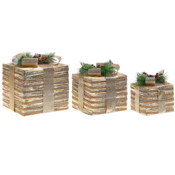 Conjunto De 3 Decoraciones Regalos De Navidad Con Luces Led Blancas Cálidas Con Lazos Adornos Festivos Para Interior Dorado Tofte