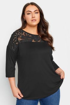 Yours Top Negro Panel Malla Floral, Mujer Curvy Y Tallas Grandes, Yours