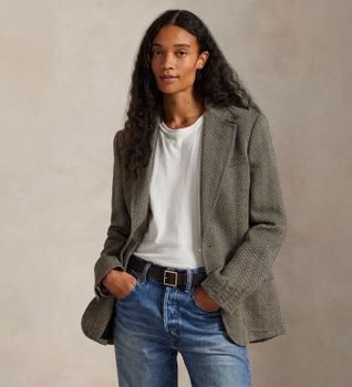 Polo Ralph Lauren para mujer. 211891070002 Blazer de botonadura sencilla en espiga gris verdoso (40), Casual, Lino, Clásico