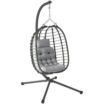 Outsunny Silla colgante plegable de ratán con soporte, cojín y almohada altura ajustable, gris