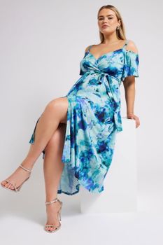 Yours London Vestido Azul Floral Hombros Descubiertos, Mujer Curvy Y Tallas Grandes, Yours London