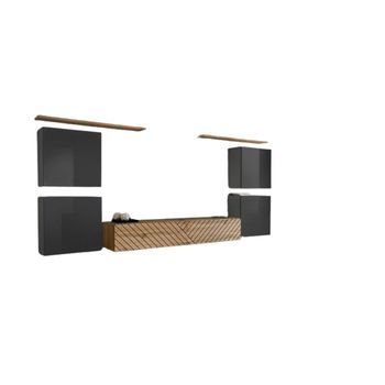 Conjunto De Muebles De Diseño Para Sala Switch Iv. Colores Gris Y Roble. Acabados En Gris Brillante Y Roble Fresado.
