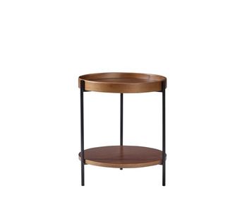 Mesa de centro 44×44×48 cm - redonda de 2 niveles, madera maciza y metal - nogal
