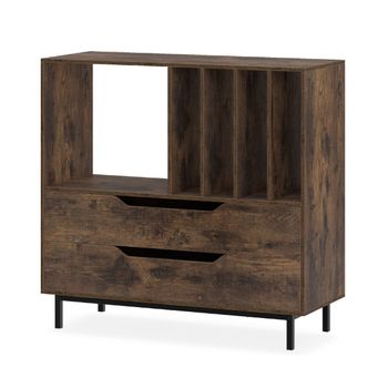 Costway Soporte para Tocadiscos Soporte de Giradiscos con Compartimento Abierto 4 Estantes de Vinilos 2 Cajones y Patas de Metal Armario Marrón