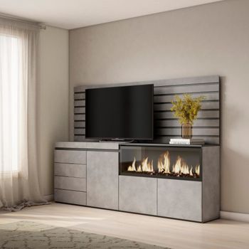 Aparador efecto madera cemento 214x35x145cm chimenea efecto fuego