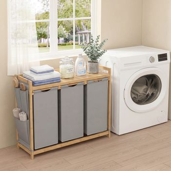 Cesto para ropa sucia con 3 compartimentos de bambú gris