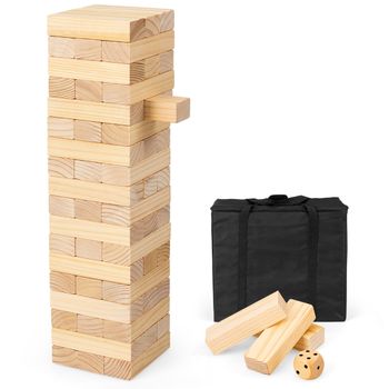 Costway Set de Torre Gigante Juego Apilable 54 Bloques de Madera Pino con Bolsa de Transporte y Dado para Niños y Adultos Natural