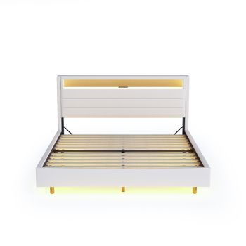 Cama Acolchada De Tejido De Lino 160x200cm Con Toma Usb Y Led Cabecero Reversible Beige