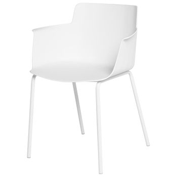 Silla con respaldo ergonómico, reposabrazos y patas de metal blanca.