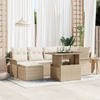 Juego De Sofá De Jardín  De 7 Piezas Con Cojines Beige Poliratán V4319 Unico / Beige