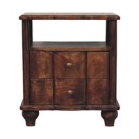 mesita de noche de madera maciza estilo artesanal con 2 cajones y estante abierto color castano