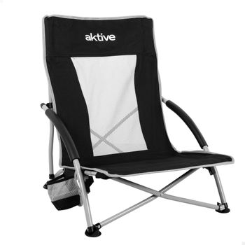 Silla Plegable Camping Baja Transpirable con Posavasos, 50x51x67 Cm, Negra
