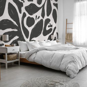 Papel pintado panorámico con motivos vegetales, gris oscuro