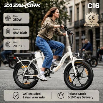 Bicicleta eléctrica plegable ZAZAWORK C16, neumáticos gruesos de 20 × 3,0 pulgadas, batería extraíble de 48V y 16Ah, motor de 250W, Shimano de 7 velocidades, alcance de hasta 100 km, control de