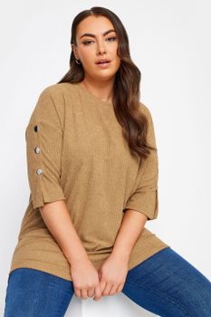 Yours Top Suave Beige Manga Fracesa Con Botones, Mujer Curvy Y Tallas Grandes, Yours