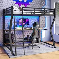 cama mezanine cama individual 90x200 cm iluminacion de ambiente controlada por mando a distancia bandeja para consola de ordenador escritorio enchufe electrico  usb rampa escalera negra