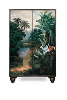 Armario aparador de MDF estampado tropical sobre fondo negro