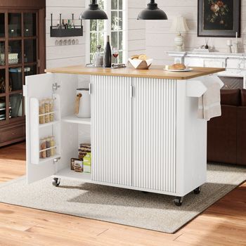 Isla De Cocina 130 X 45 (75) X 92 Cm Extensible, 3 Puertas, Veteado De Madera, Especias, Toallero, B/n