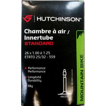HUTCHINSON | Cámara 26x1.00-1.25 Válvula Presta 48mm - Cámara de aire Hutchinson Medida: 26x1.00 a 1.25 ETRTO: 25/32 - 559 Valvula: 48mm Peso según fabricante: 98gr