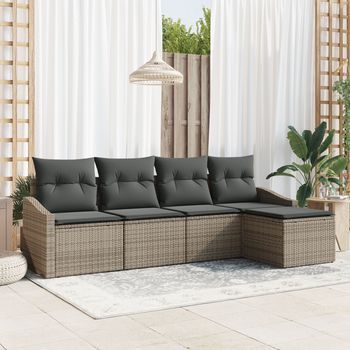 Conjunto De Sofá De Jardín De 5 Piezas Con Cojines Gris Poliratán V2652 Unico / Gris