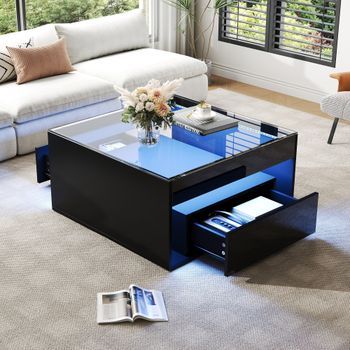 Mesa De Centro Negra De 70 X 70 X 35 Cm Con Dos Cajones E Iluminación Led