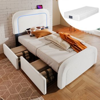 Cama Para Adulto 160 X 200 Cm Con 2 Cajones Y Cabecera Ajustable - Usb + Tipo C - Tejido Sherpa - Blanco + Colchón