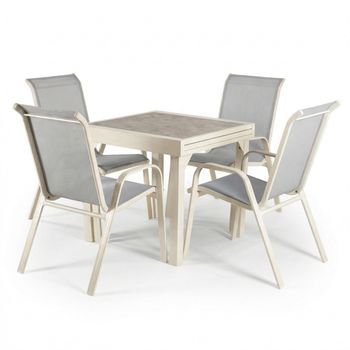 Conjunto De Exterior Con Mesa Extensible 90-180 Y 4 Sillones Apilables Blanco Roto