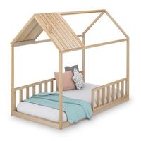 cama infantil tipo montessori casita madera natural con barrera barandilla para nino y nina 90 x 190 cm
