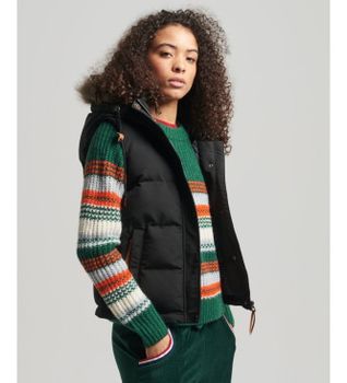 Superdry para mujer. W5011395A Chaleco de pelo sintético Everest negro (XS), Casual, Poliéster