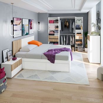 Pack De Muebles De Dormitorio Etnha En Blanco Artik Y Natur (cabecero + 2 Mesitas De Noche + Cama Con Cajones + Vestidor)