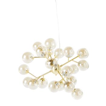 Lámpara de techo con varias bolas de vidrio ámbar y metal dorado