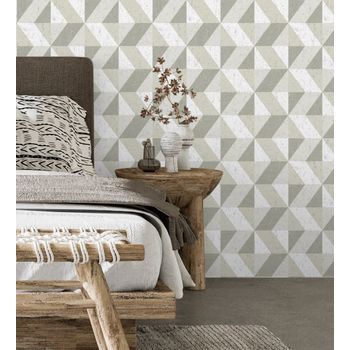 Papel Pintado Vinílico Ecológico Geométrico Rombos Blanco Beige Metal En Relieve - Kepler 679266 De Gaulan - Rollo De 10 M X 0,53 M