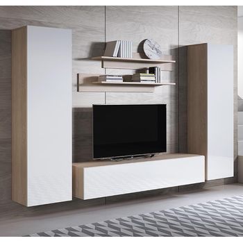 Mueble De Salón | Composición De Salón Tv | Mueble Tv | Conjunto De Salón | Ancho 260cm | Modelo Luke 7e | Sonoma Mate Y Blanco Acabado Brillo