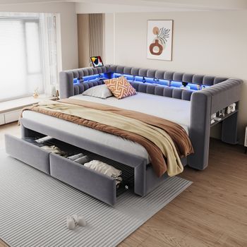 Sofá Cama Extensible De 90x190 A 180x190 Cm, Terciopelo Gris, Led Y Usb