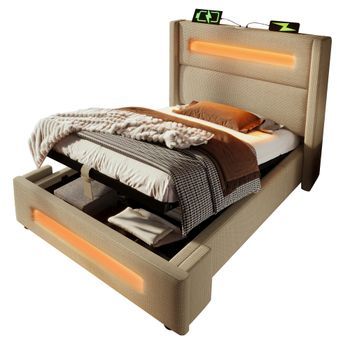 Cama Individual 90x200 Cm, Cama Juvenil Con Led, Cama Con Almacén Hidráulico Y Carga Usb Type-c, Marco De Metal Con Listones De Madera, Beige, Lino, Sin Colchón