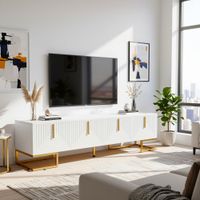 mueble tv blanco con patas doradas y frentes esculpidos