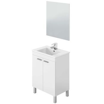 Mueble De Baño Con 2 Puertas En Blanco Brillo Con Espejo Y Lavamanos Cerámico