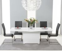 modena 150cm white high gloss extending dining table with malaga chairs - black 4 chairs