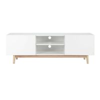 mueble tv blanco satinado con base de roble de 120 cm