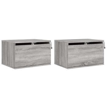 Pack 2 Uds Mesitas De Noche | Mesa Auxiliar | Mesilla De Pared Con Luces Led Gris Sonoma